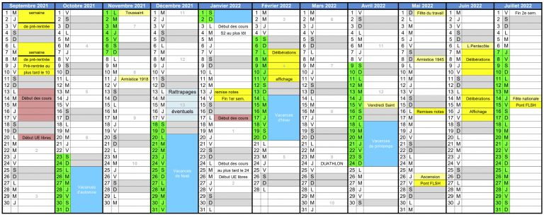 Calendrier universitaire – Faculté des Lettres, Langues et Sciences