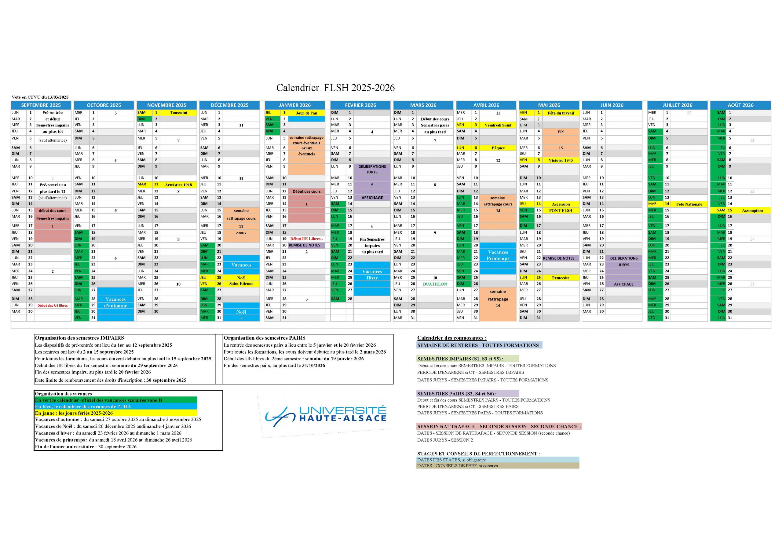 Calendrier universitaire FLSH 2025-2026